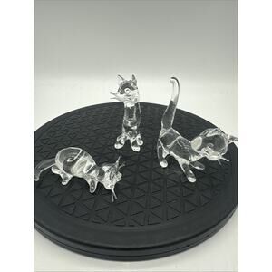 Set Of Three Clear Cat Art Glass Crystal Hand Blown EUC